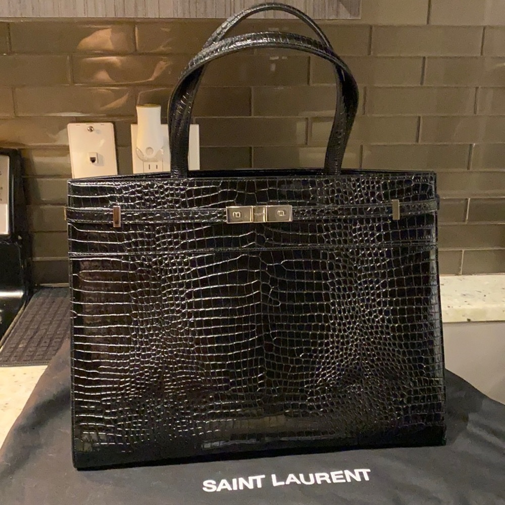 Saint Laurent Medium Manhattan Croc Embossed Tote